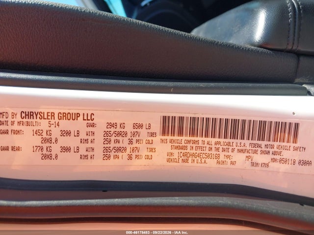 2014 Dodge Durango Sxt მანქანა იყიდება აუქციონზე, vin: 1C4RDHAG4EC503168, აუქციონის ნომერი: 46178483