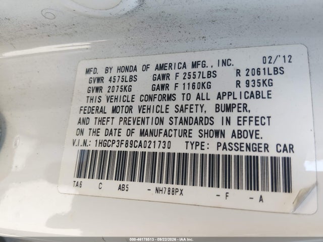 Aukcja sprzedaży 2012 Honda Accord 3.5 Ex-l, vin: 1HGCP3F89CA021730, numer aukcji: 46178513