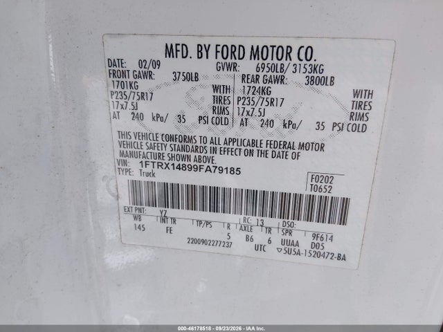 Auction sale of the 2009 Ford F-150 Stx/xl/xlt, vin: 1FTRX14899FA79185, lot number: 46178518