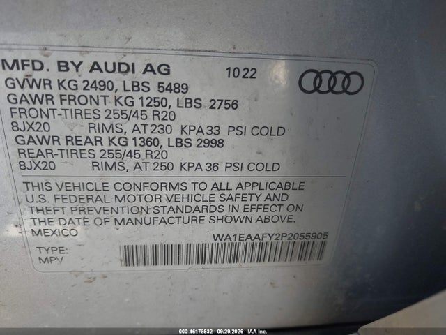 2023 Audi Q5 Premium Plus 45 Tfsi S Line Quattro მანქანა იყიდება აუქციონზე, vin: WA1EAAFY2P2055905, აუქციონის ნომერი: 46178532