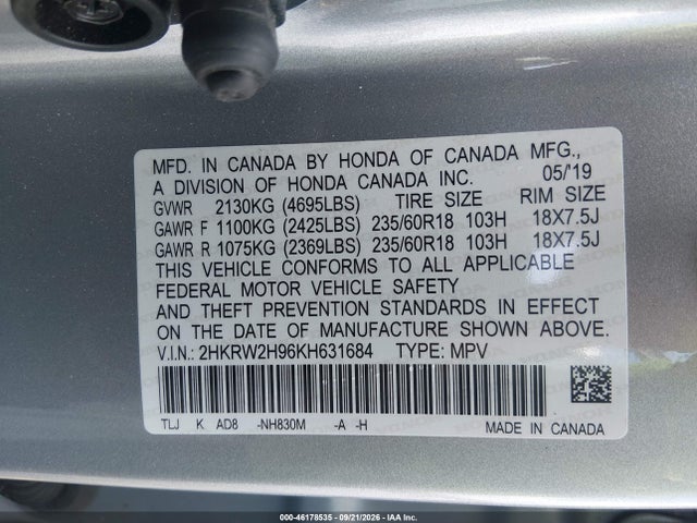 46178535 :رقم المزاد ، 2HKRW2H96KH631684 vin ، 2019 Honda Cr-v Touring مزاد بيع