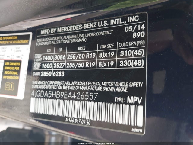 Продажа на аукционе авто 2014 Mercedes-benz Ml 350 4matic, vin: 4JGDA5HB9EA426557, номер лота: 46178536