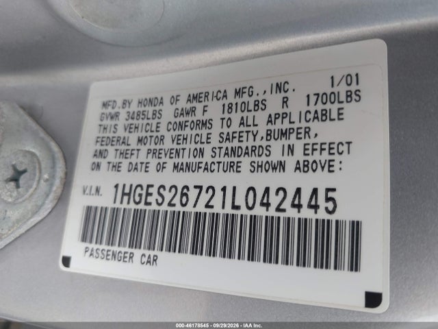 2001 Honda Civic Ex მანქანა იყიდება აუქციონზე, vin: 1HGES26721L042445, აუქციონის ნომერი: 46178545