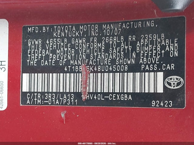 Aukcja sprzedaży 2008 Toyota Camry Hybrid, vin: 4T1BB46K48U045008, numer aukcji: 46178565