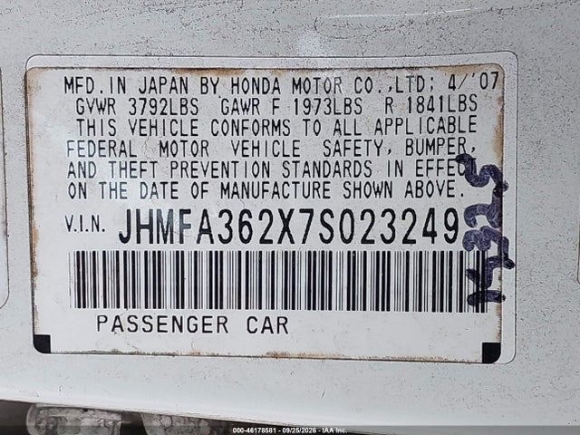 46178581 :رقم المزاد ، JHMFA362X7S023249 vin ، 2007 Honda Civic Hybrid مزاد بيع