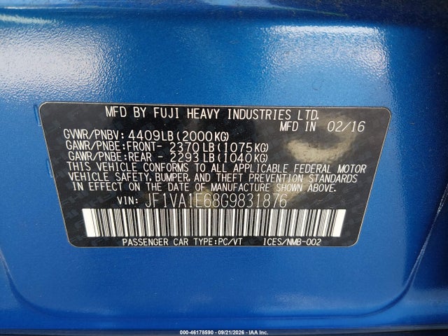 Продаж на аукціоні авто 2016 Subaru Wrx Premium, vin: JF1VA1E68G9831876, номер лоту: 46178590