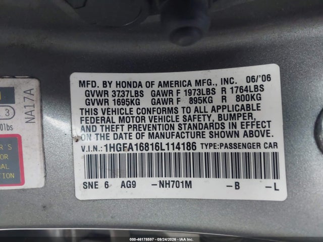 46178597 :رقم المزاد ، 1HGFA16816L114186 vin ، 2006 Honda Civic Ex مزاد بيع