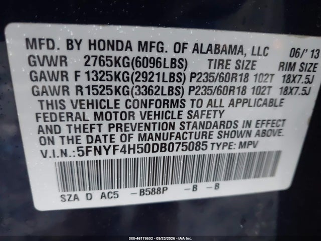 Aukcja sprzedaży 2013 Honda Pilot Ex-l, vin: 5FNYF4H50DB075085, numer aukcji: 46178602