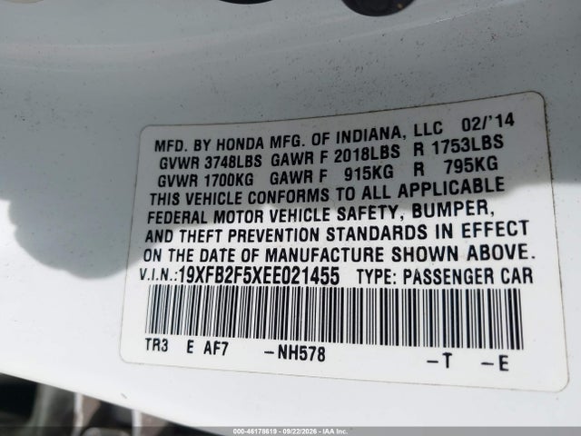 Продаж на аукціоні авто 2014 Honda Civic Lx, vin: 19XFB2F5XEE021455, номер лоту: 46178619