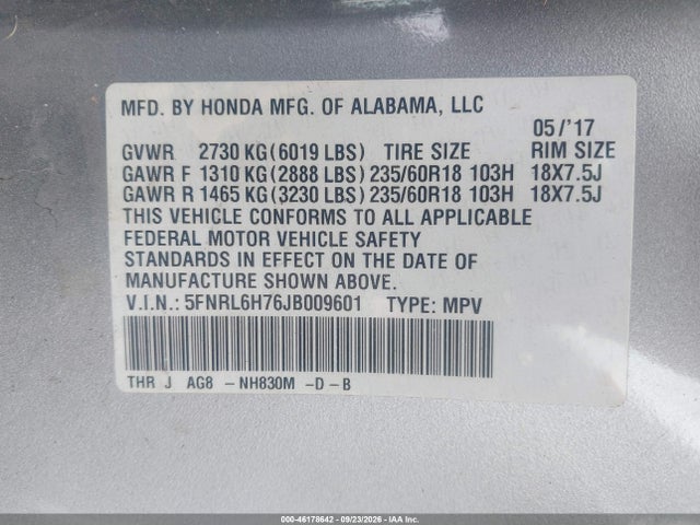 46178642 :رقم المزاد ، 5FNRL6H76JB009601 vin ، 2018 Honda Odyssey Ex-l مزاد بيع