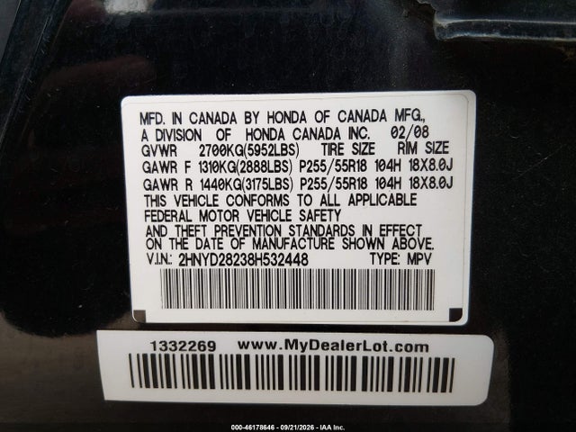 2008 Acura Mdx მანქანა იყიდება აუქციონზე, vin: 2HNYD28238H532448, აუქციონის ნომერი: 46178646
