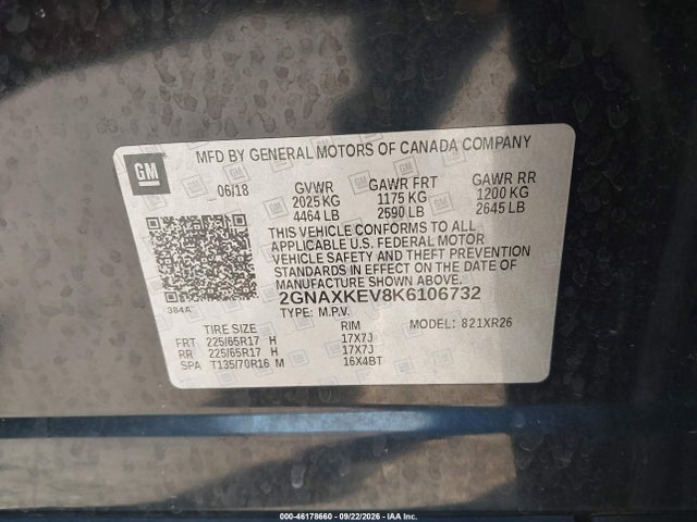 Aukcja sprzedaży 2019 Chevrolet Equinox Lt, vin: 2GNAXKEV8K6106732, numer aukcji: 46178660