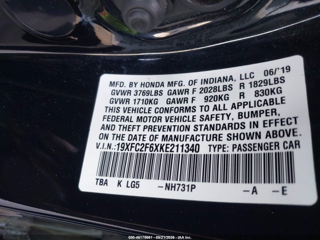 2019 Honda Civic Lx მანქანა იყიდება აუქციონზე, vin: 19XFC2F6XKE211340, აუქციონის ნომერი: 46178661