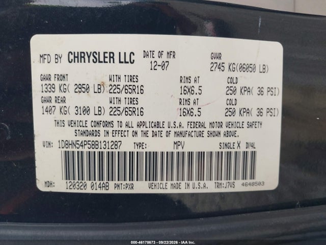 46178673 :رقم المزاد ، 1D8HN54P58B131287 vin ، 2008 Dodge Grand Caravan Sxt مزاد بيع