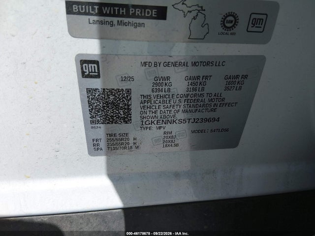 46178678 :رقم المزاد ، 1GKENNKS5TJ239694 vin ، 2026 Gmc Acadia Elevation Awd مزاد بيع