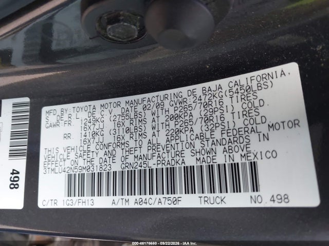 Aukcja sprzedaży 2009 Toyota Tacoma Base V6, vin: 3TMLU42N59M031823, numer aukcji: 46178680