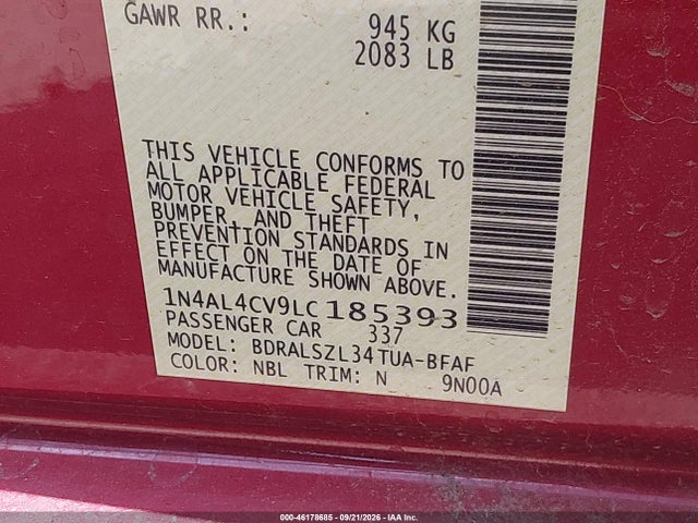 1N4AL4CV9LC185393 Nissan Altima Sr Vc-turbo Fwd