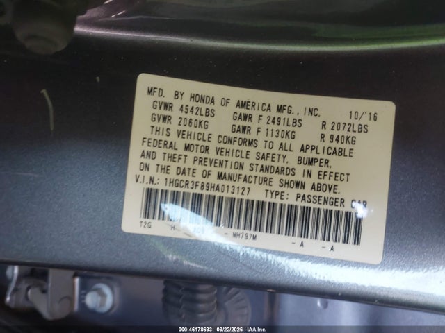 46178693 :رقم المزاد ، 1HGCR3F89HA013127 vin ، 2017 Honda Accord Ex-l V6 مزاد بيع