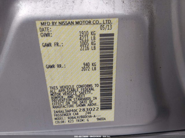 Продажа на аукционе авто 2013 Nissan Altima 2.5 S, vin: 1N4AL3AP4DC283022, номер лота: 46178699