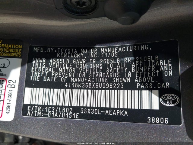 46178707 :رقم المزاد ، 4T1BK36BX6U098223 vin ، 2006 Toyota Avalon Limited مزاد بيع