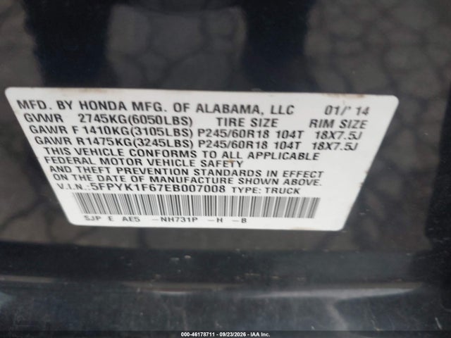 Продажа на аукционе авто 2014 Honda Ridgeline Se, vin: 5FPYK1F67EB007008, номер лота: 46178711