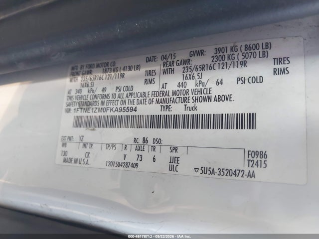 2015 Ford Transit-150 მანქანა იყიდება აუქციონზე, vin: 1FTNE1ZM0FKA95594, აუქციონის ნომერი: 46178712