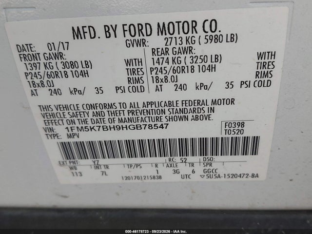 2017 Ford Explorer მანქანა იყიდება აუქციონზე, vin: 1FM5K7BH9HGB78547, აუქციონის ნომერი: 46178723