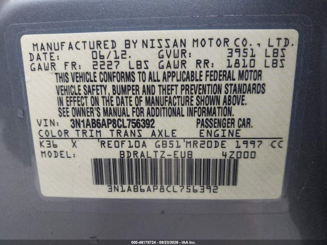 Продажа на аукционе авто 2012 Nissan Sentra 2.0 S, vin: 3N1AB6AP8CL756392, номер лота: 46178724