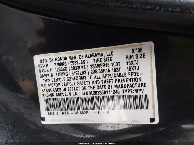 2006 Honda Odyssey Lx მანქანა იყიდება აუქციონზე, vin: 5FNRL38236B111240, აუქციონის ნომერი: 46178739