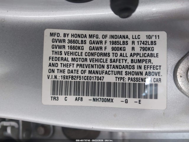 46178748 :رقم المزاد ، 19XFB2F51CE017047 vin ، 2012 Honda Civic Lx مزاد بيع