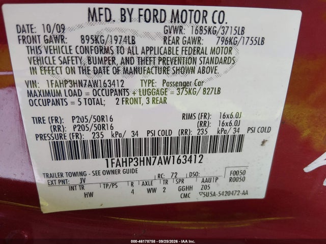 46178758 :رقم المزاد ، 1FAHP3HN7AW163412 vin ، 2010 Ford Focus Sel مزاد بيع