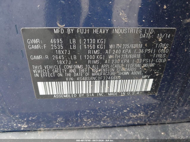 2015 Subaru Outback 2.5i Limited მანქანა იყიდება აუქციონზე, vin: 4S4BSANC0F3246660, აუქციონის ნომერი: 46178760