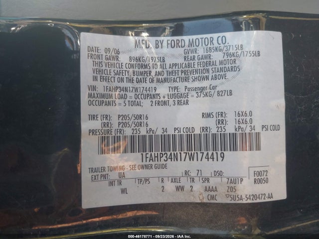 2007 Ford Focus S/se/ses მანქანა იყიდება აუქციონზე, vin: 1FAHP34N17W174419, აუქციონის ნომერი: 46178771