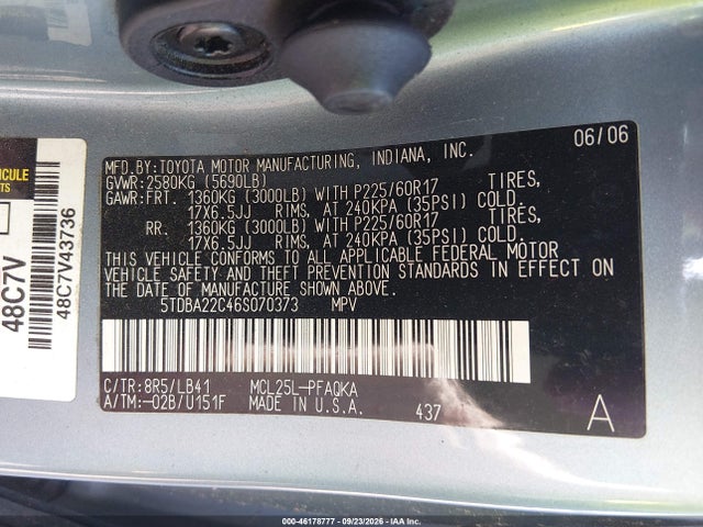 46178777 :رقم المزاد ، 5TDBA22C46S070373 vin ، 2006 Toyota Sienna Xle Limited مزاد بيع