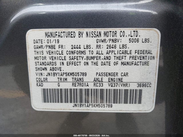 Aukcja sprzedaży 2019 Infiniti Q70 3.7 Luxe, vin: JN1BY1AP5KM505789, numer aukcji: 46178789