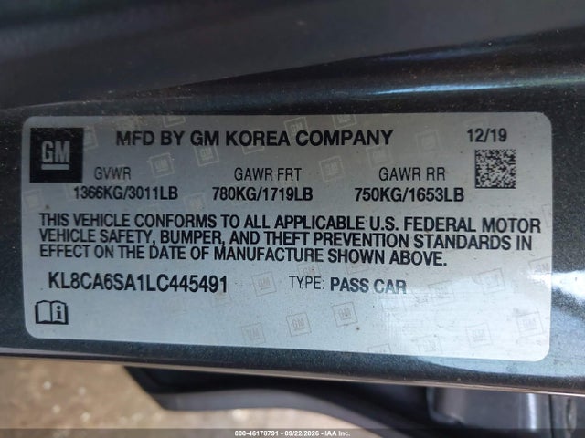 46178791 :رقم المزاد ، KL8CA6SA1LC445491 vin ، 2020 Chevrolet Spark Fwd Ls Manual مزاد بيع