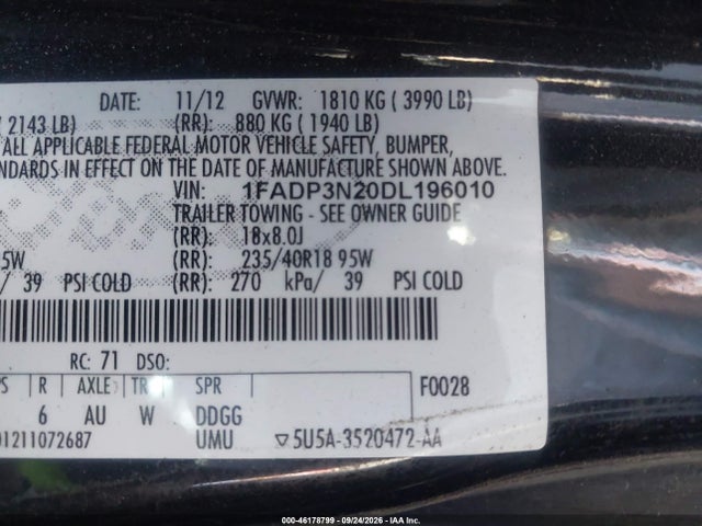 2013 Ford Focus Titanium მანქანა იყიდება აუქციონზე, vin: 1FADP3N20DL196010, აუქციონის ნომერი: 46178799