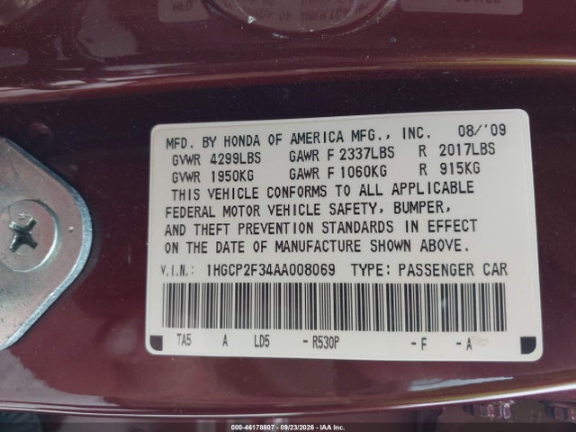 Продажа на аукционе авто 2010 Honda Accord 2.4 Lx, vin: 1HGCP2F34AA008069, номер лота: 46178807