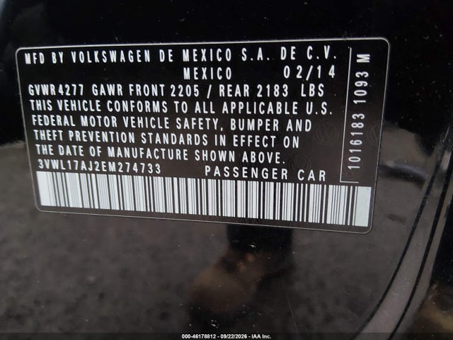 Aukcja sprzedaży 2014 Volkswagen Jetta 1.8t Sel, vin: 3VWL17AJ2EM274733, numer aukcji: 46178812