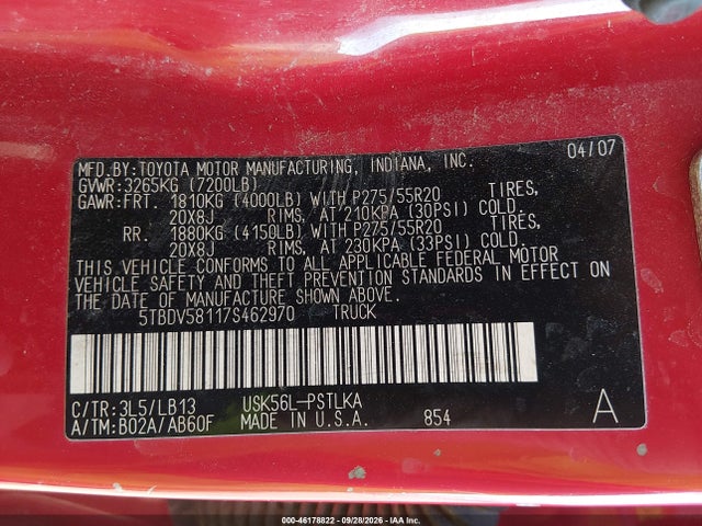 2007 Toyota Tundra Limited 5.7l V8 მანქანა იყიდება აუქციონზე, vin: 5TBDV58117S462970, აუქციონის ნომერი: 46178822