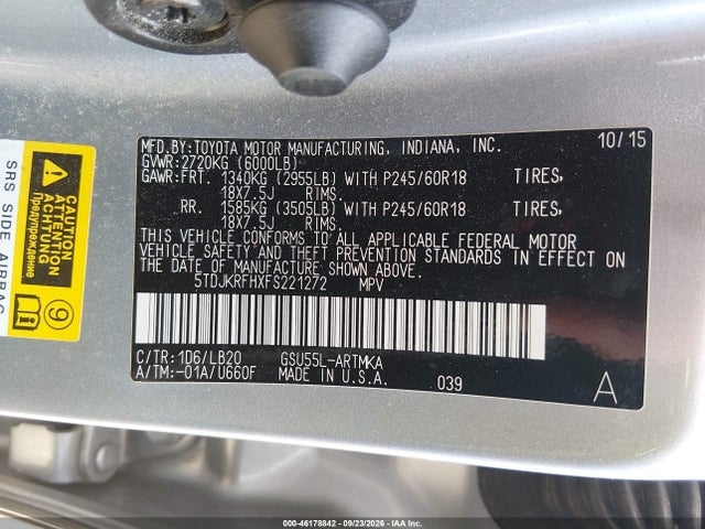 46178842 :رقم المزاد ، 5TDJKRFHXFS221272 vin ، 2015 Toyota Highlander Xle V6 مزاد بيع