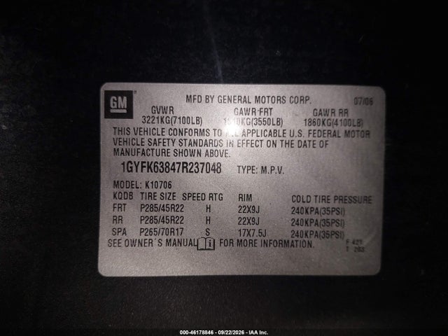 Aukcja sprzedaży 2007 Cadillac Escalade Standard, vin: 1GYFK63847R237048, numer aukcji: 46178846