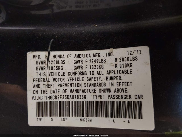2013 Honda Accord Lx მანქანა იყიდება აუქციონზე, vin: 1HGCR2F35DA078386, აუქციონის ნომერი: 46178849