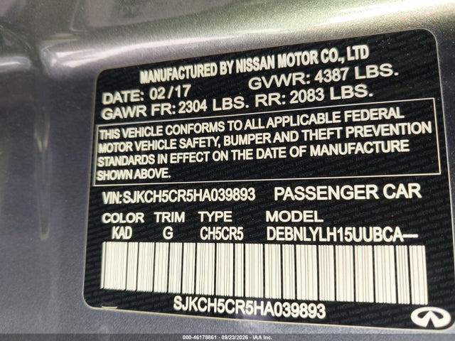 46178861 :رقم المزاد ، SJKCH5CR5HA039893 vin ، 2017 Infiniti Qx30 Premium مزاد بيع