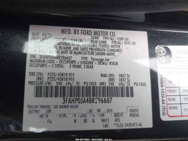 Продажа на аукционе авто 2011 Ford Fusion Sel, vin: 3FAHP0JA4BR296607, номер лота: 46178863
