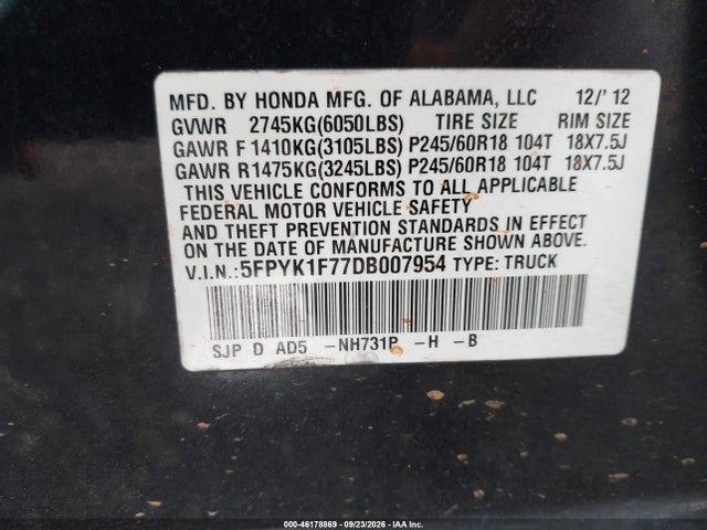 Продаж на аукціоні авто 2013 Honda Ridgeline Sport, vin: 5FPYK1F77DB007954, номер лоту: 46178869