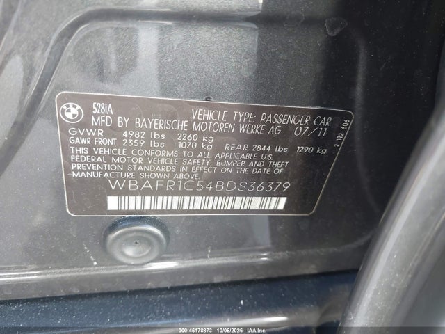 Продажа на аукционе авто 2011 Bmw 528i, vin: WBAFR1C54BDS36379, номер лота: 46178873