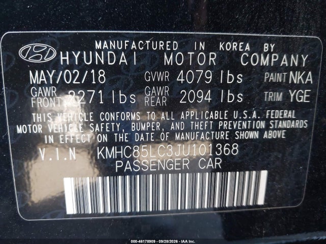 2018 Hyundai Ioniq Hybrid Limited მანქანა იყიდება აუქციონზე, vin: KMHC85LC3JU101368, აუქციონის ნომერი: 46178909