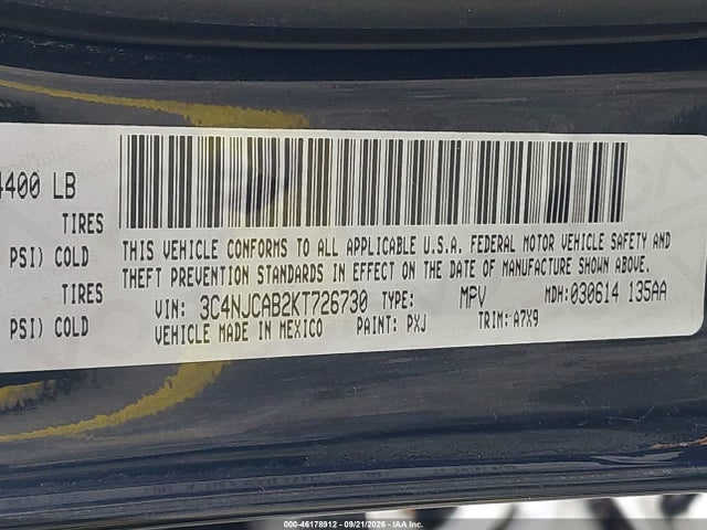 Aukcja sprzedaży 2019 Jeep Compass Sport Fwd, vin: 3C4NJCAB2KT726730, numer aukcji: 46178912