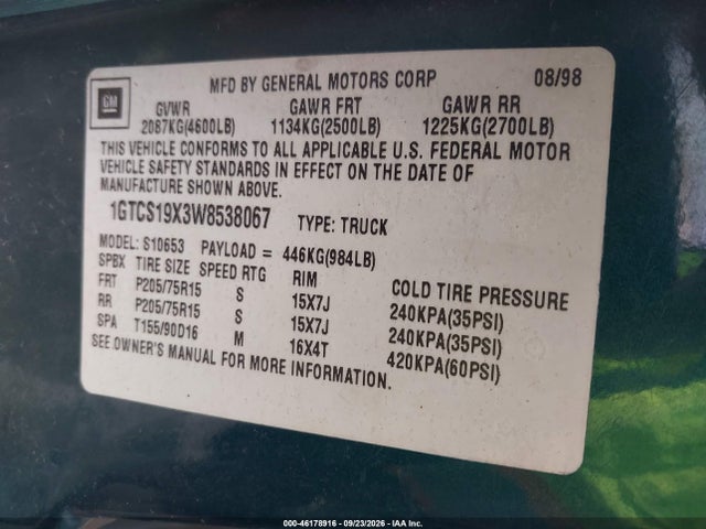 Продажа на аукционе авто 1998 Gmc Sonoma Sls Sportside, vin: 1GTCS19X3W8538067, номер лота: 46178916